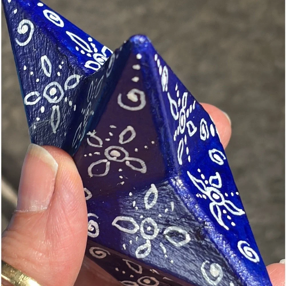 Christmas Ornaments Blue Hand Painted Folk Art Papier Mache Star Finial Set 2